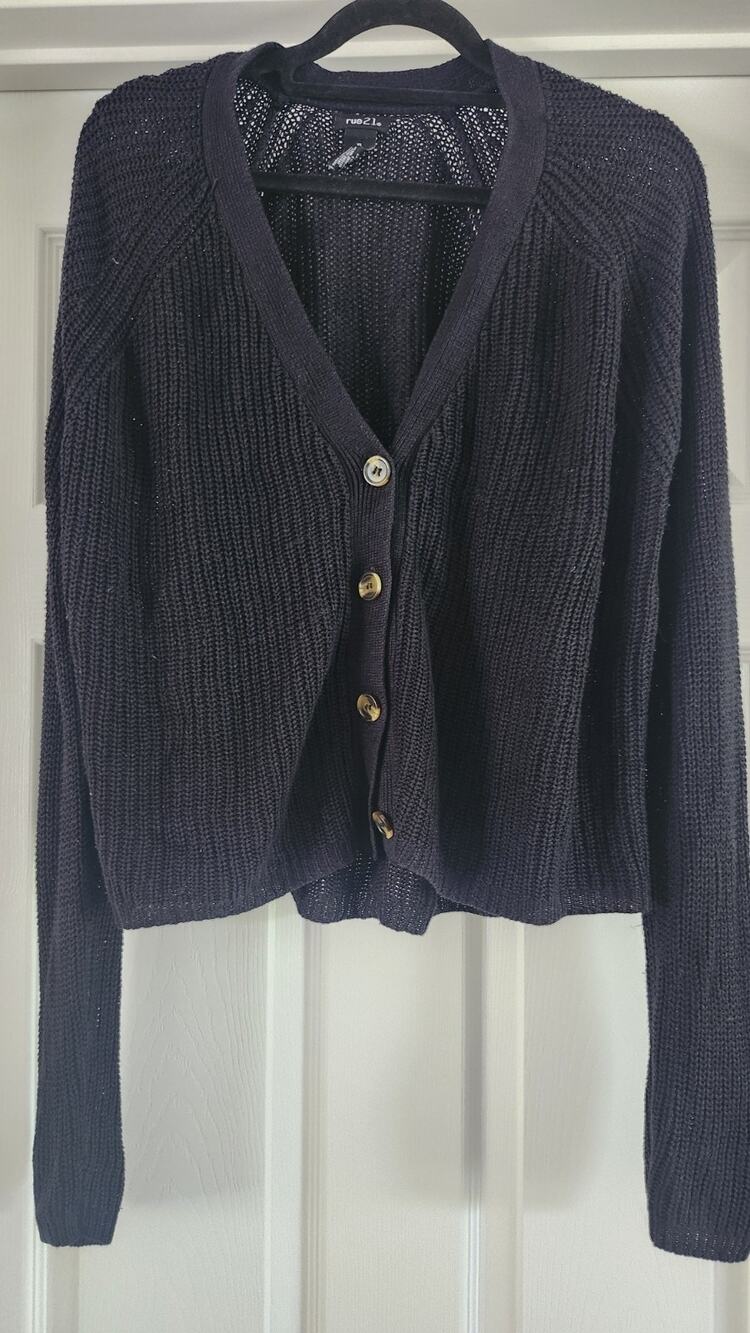 Rue 21 Button Up Black Long Sleeve Ribbed Crop Cardigan Sweater Large Wt 34